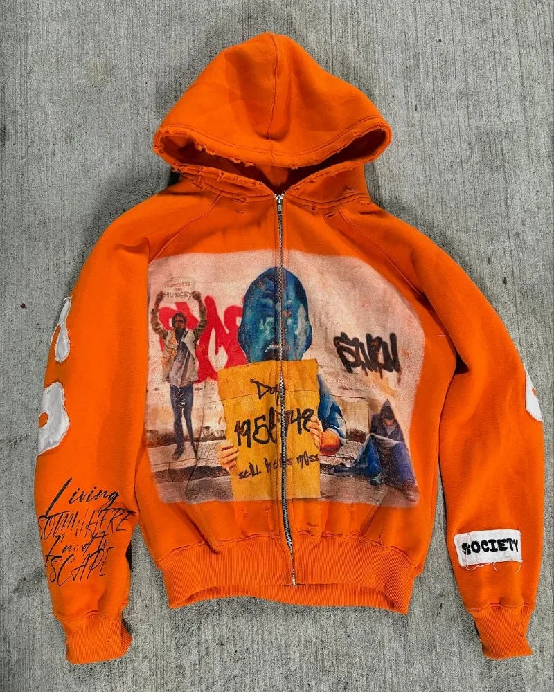 Distressed Zip Up Hoodie