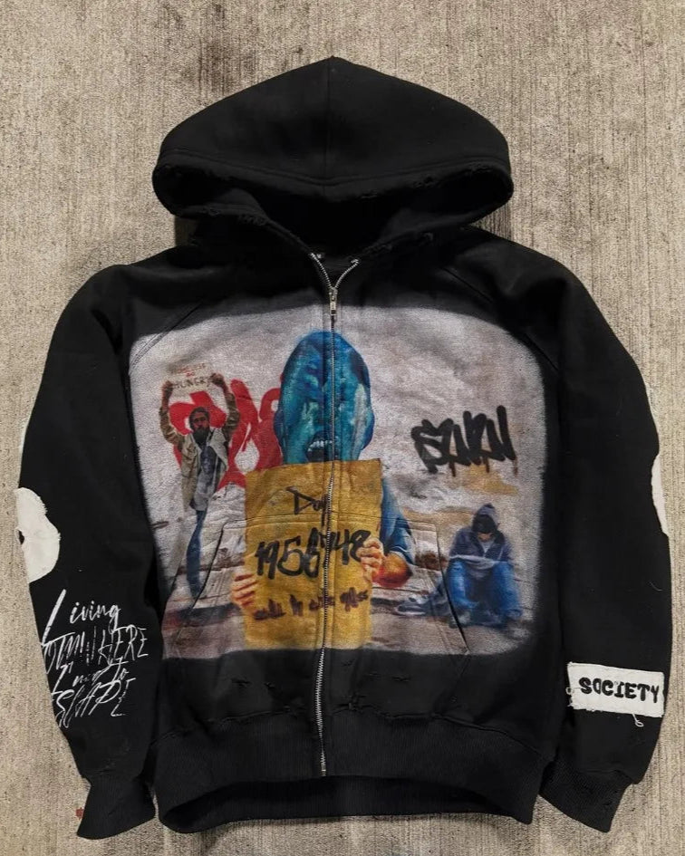 Distressed Zip Up Hoodie