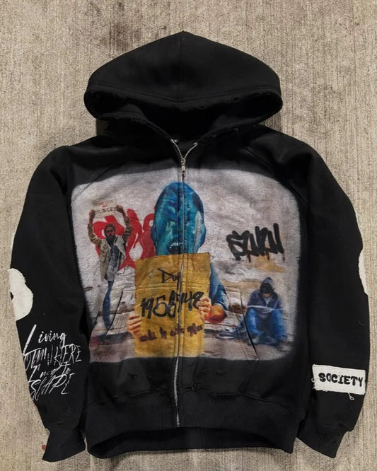 Distressed Zip Up Hoodie