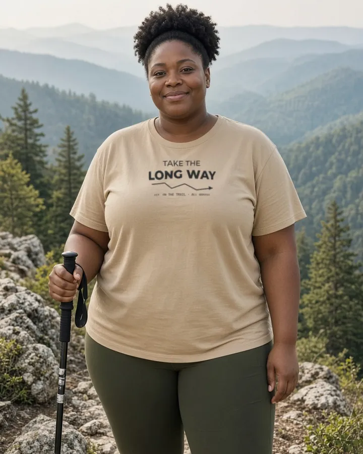 Hiker at a mountain overlook wearing a sand Moravine “Take the Long Way” tee