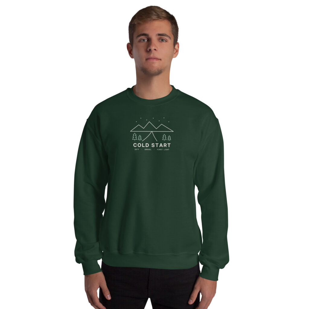 Forest Green Cold Start sweatshirt, front on model