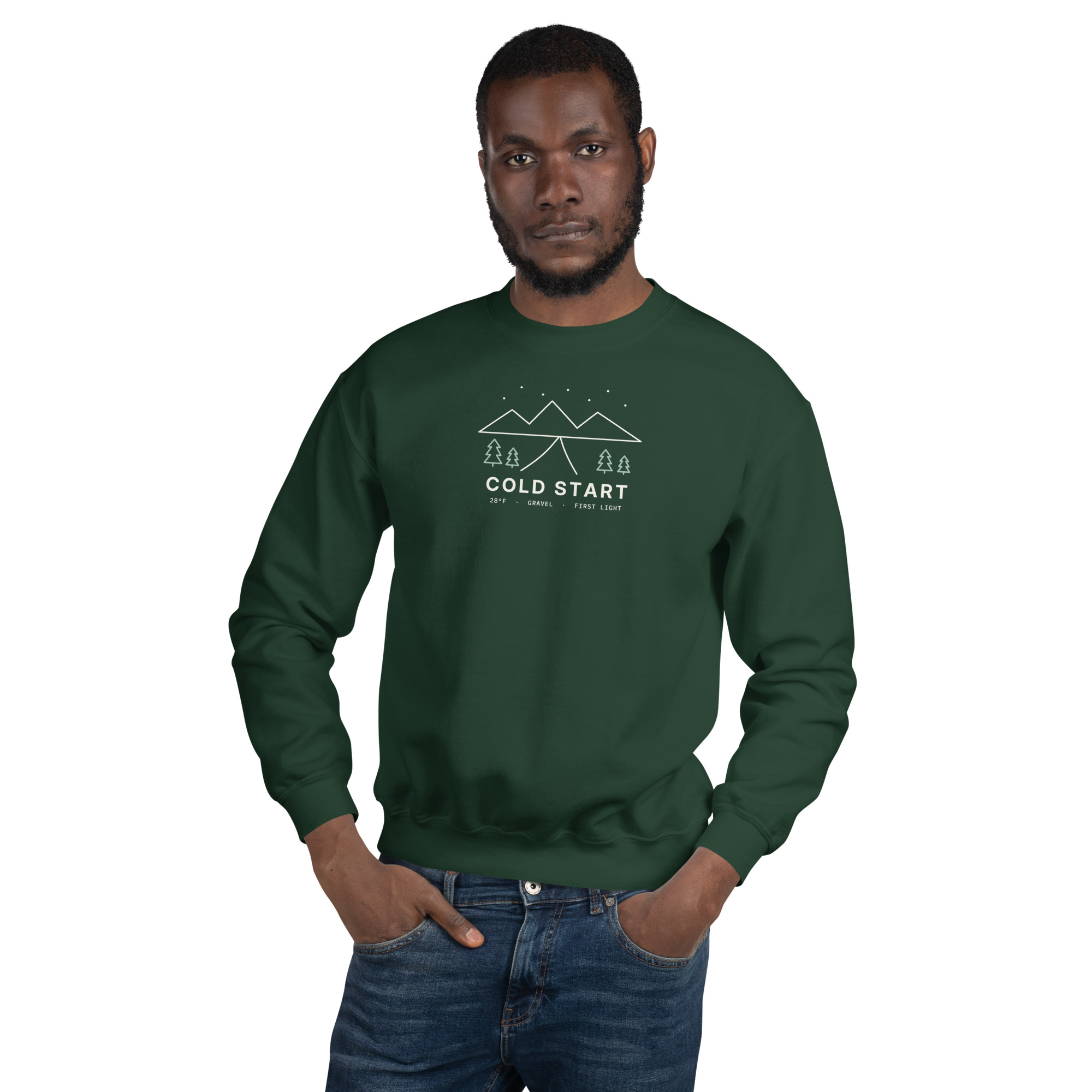Forest Green Cold Start sweatshirt, on model