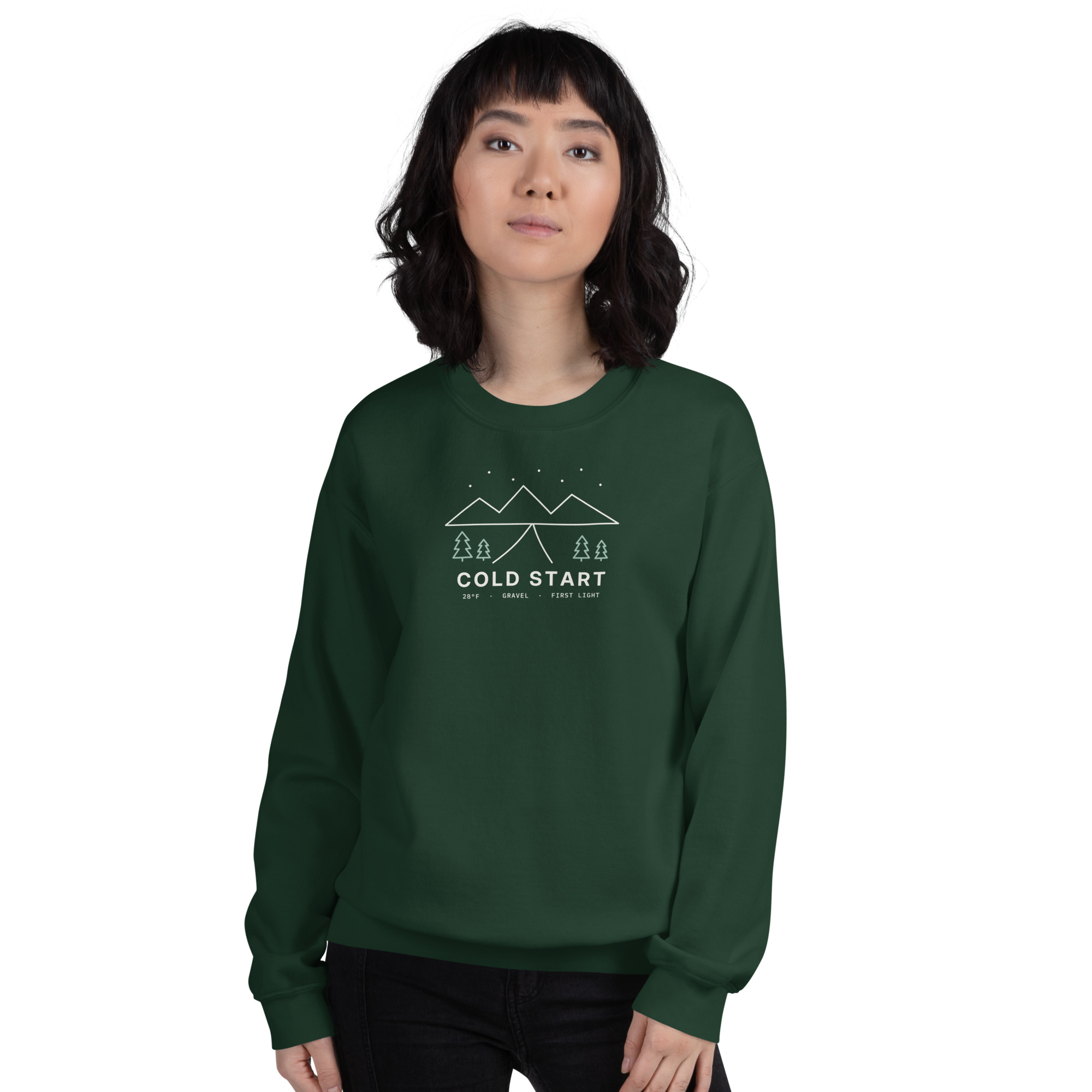 Forest Green Cold Start sweatshirt, on model