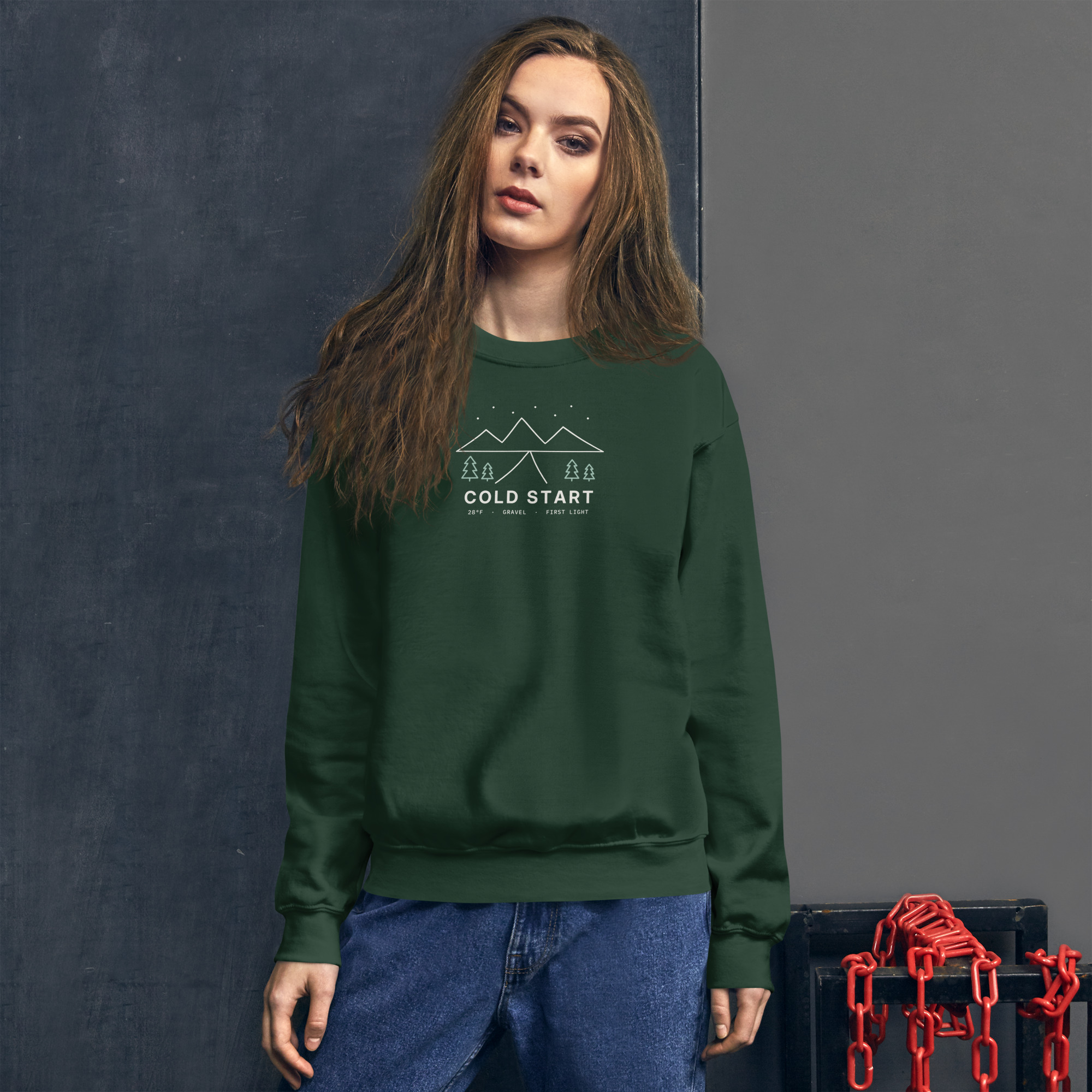 Forest Green Cold Start sweatshirt, on model
