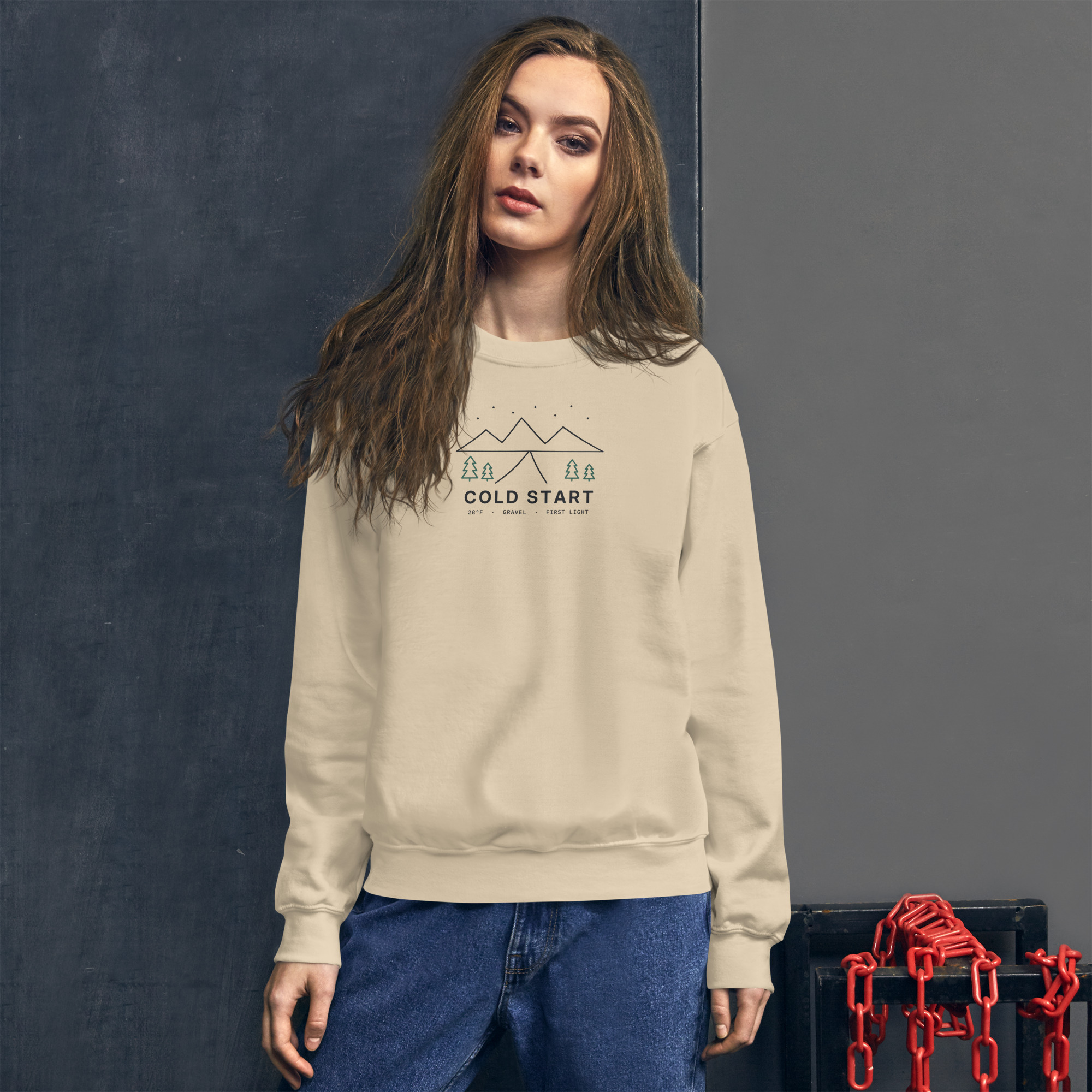 Sand Cold Start sweatshirt, on model