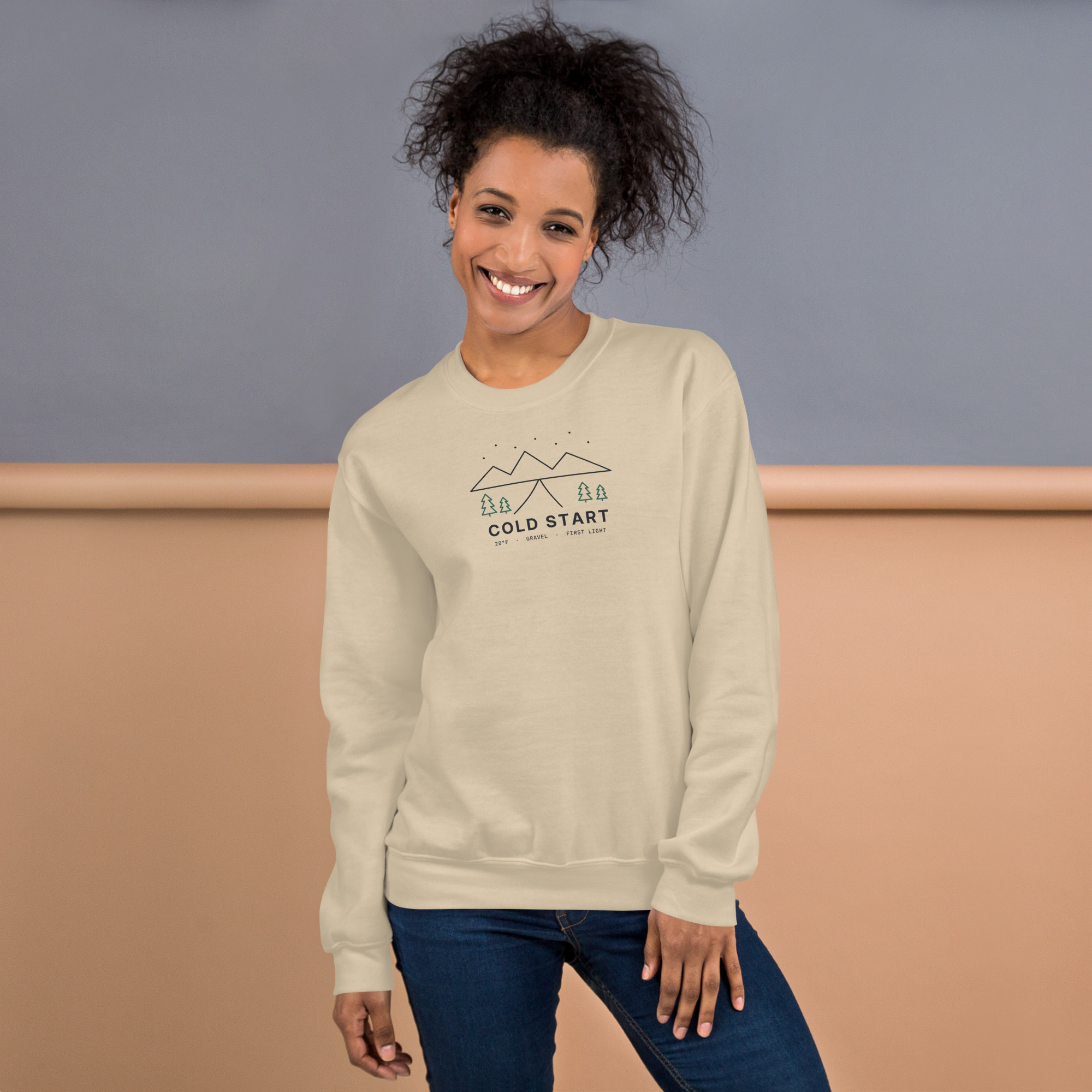 Sand Cold Start sweatshirt, on model