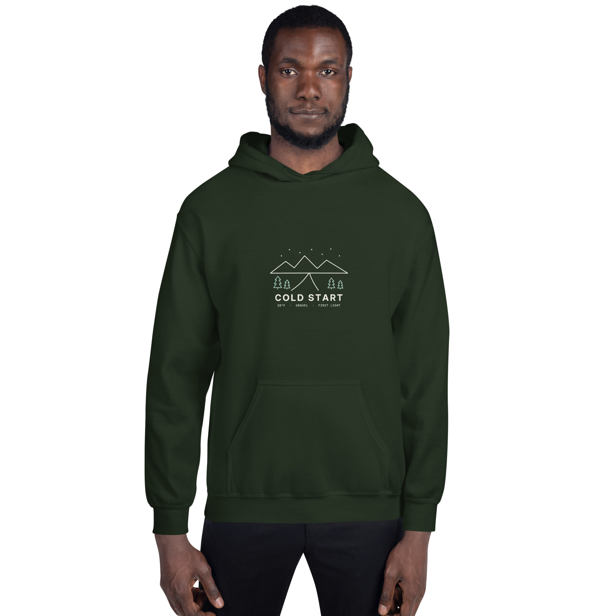 Forest Green Cold Start hoodie, on model