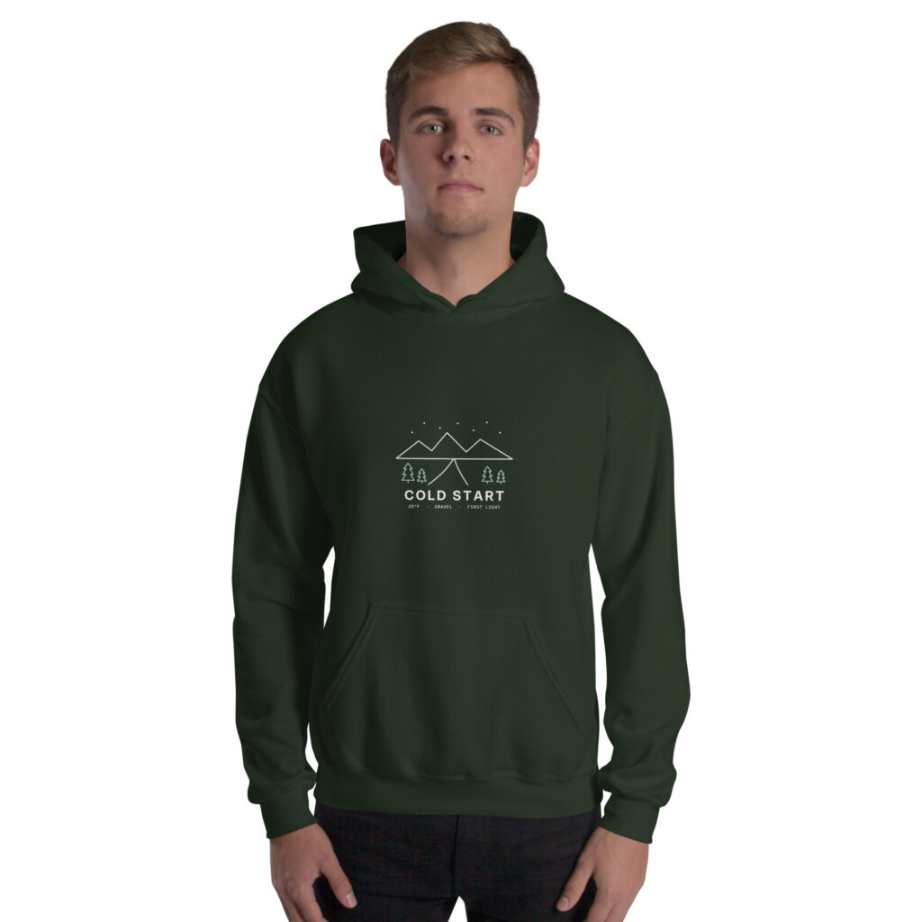 Forest Green Cold Start hoodie, front on model
