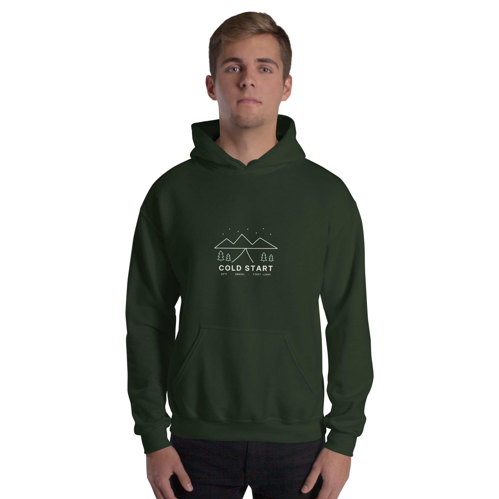 Forest Green Cold Start hoodie, front on model