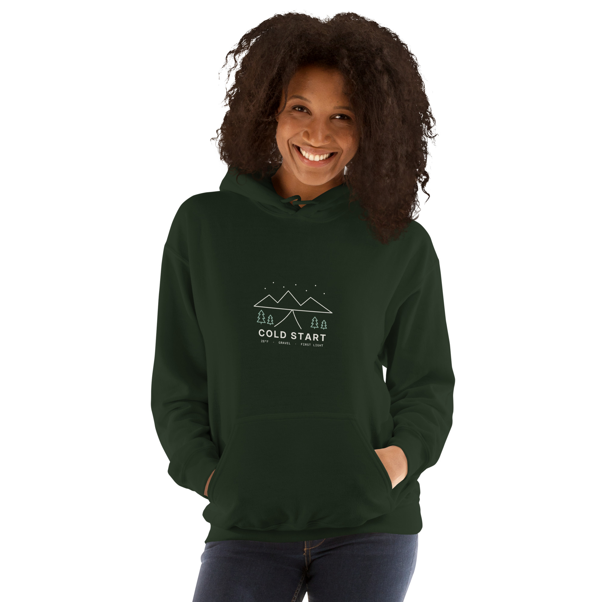 Forest Green Cold Start hoodie, on model