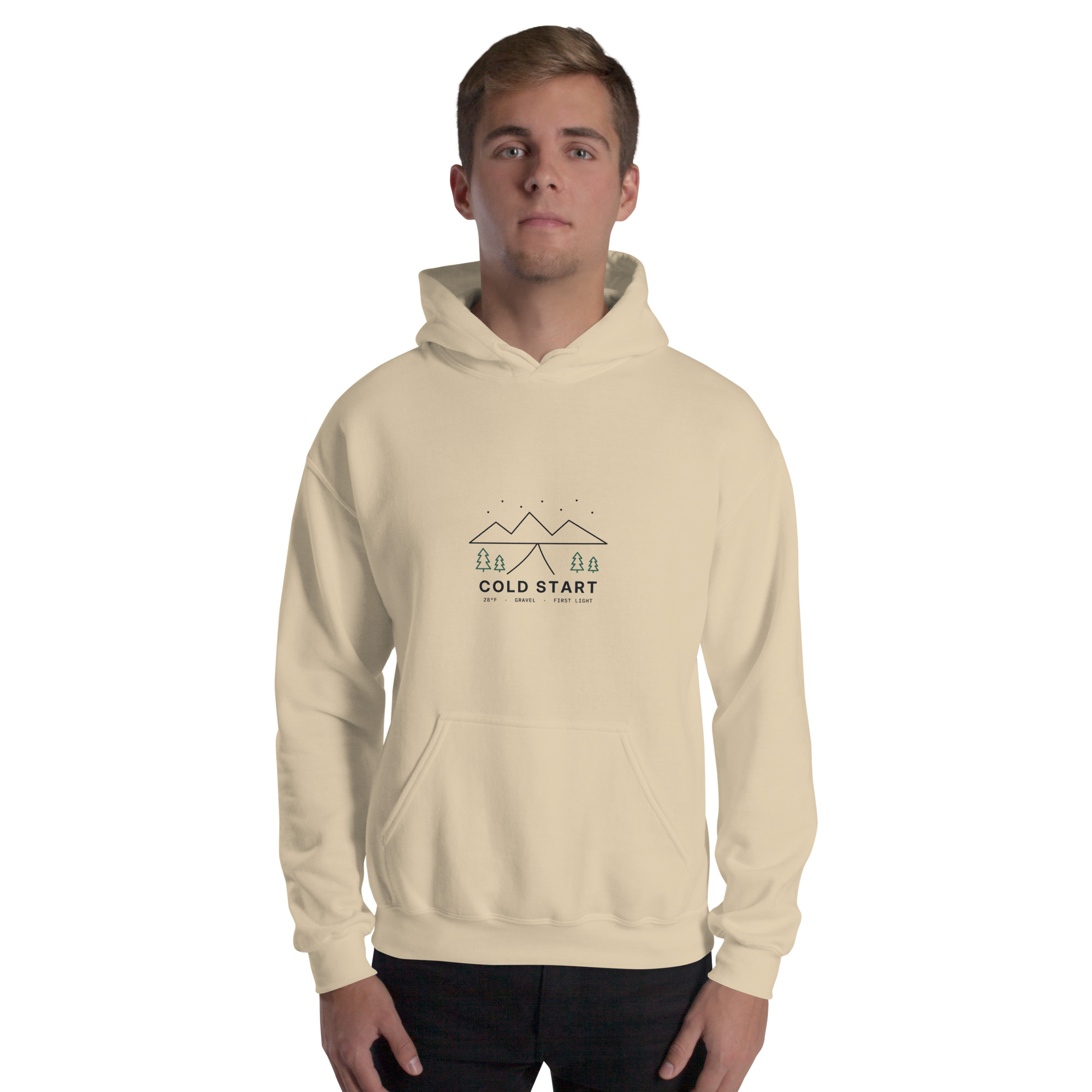 Sand Cold Start hoodie, front on model