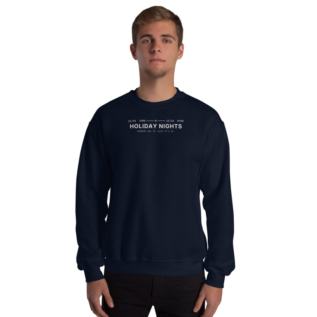 Navy Holiday Nights sweatshirt, front on model