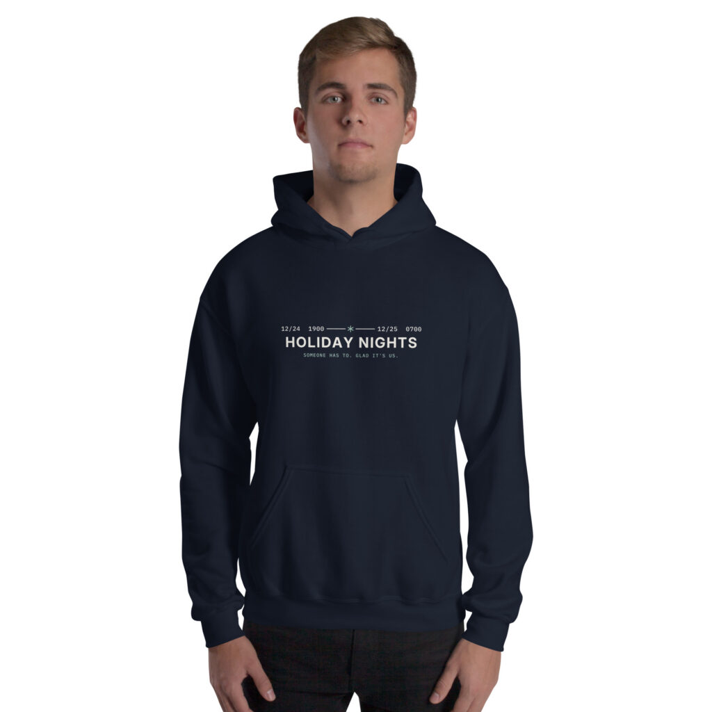 Navy Holiday Nights hoodie, front on model