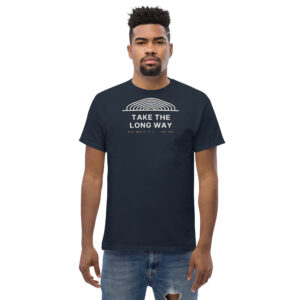 Navy Take the Long Way plus size graphic tee, front on model