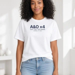 Model wearing the A&O ×4 nurse tee in White (Hanes Beefy-T)