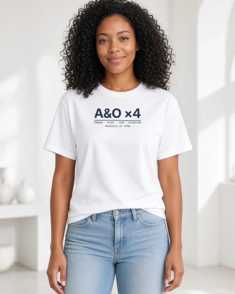 Model wearing the A&O ×4 nurse tee in White (Hanes Beefy-T)