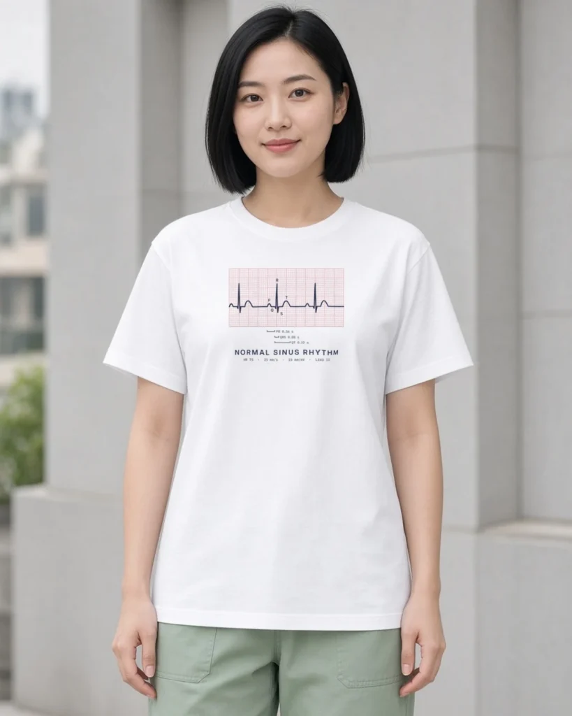 Model wearing the Cardiac Nurse Normal Sinus Rhythm ECG tee in White (Hanes Beefy-T)