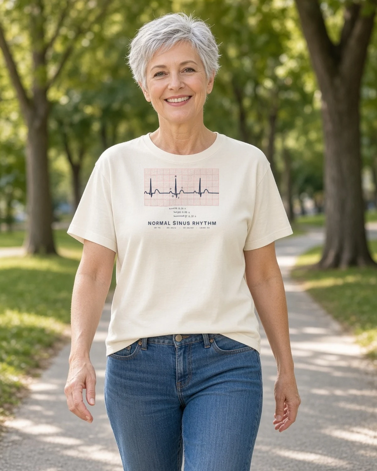 Model wearing the Cardiac Nurse Normal Sinus Rhythm ECG tee in Natural (Hanes Beefy-T)