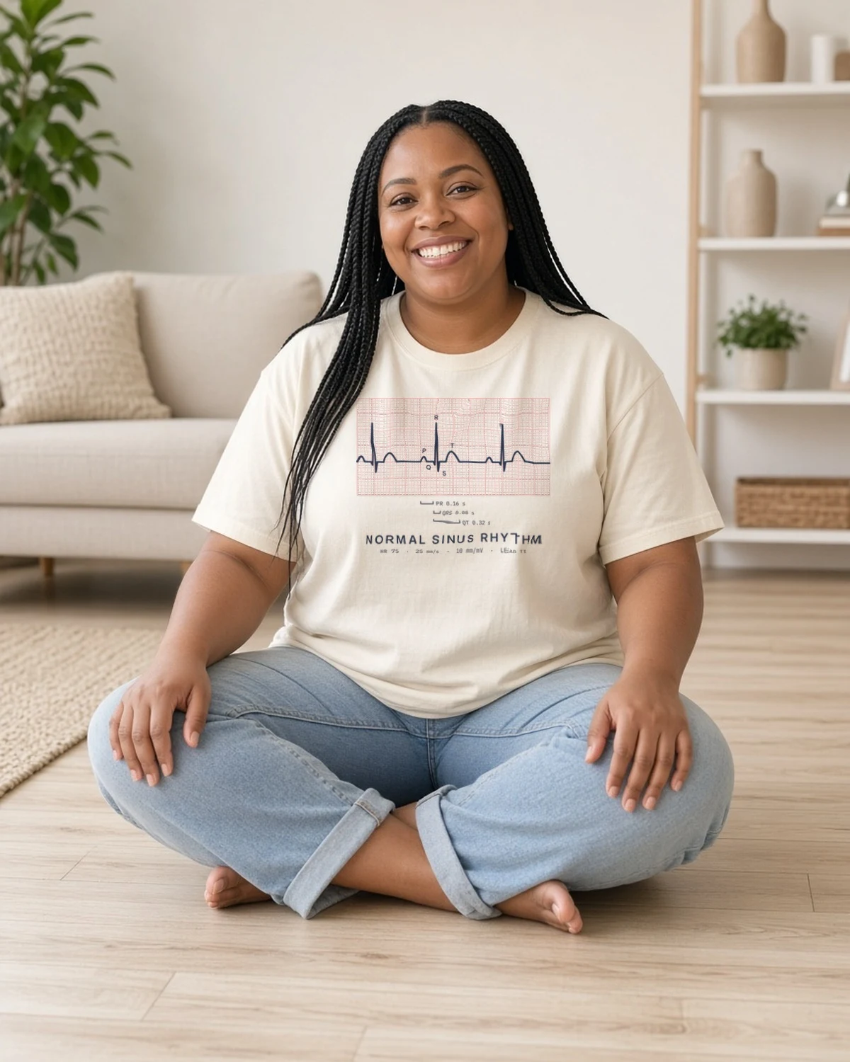 Model wearing the Cardiac Nurse Normal Sinus Rhythm ECG tee in Natural (Hanes Beefy-T)
