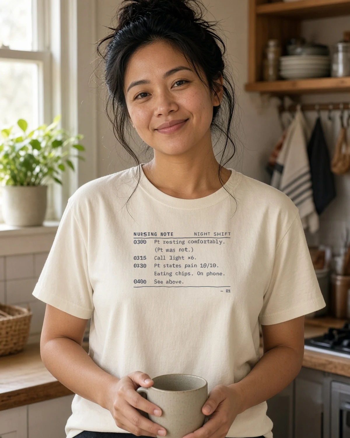 Model wearing the Funny Night Shift nurse charting note tee in Natural (Hanes Beefy-T)