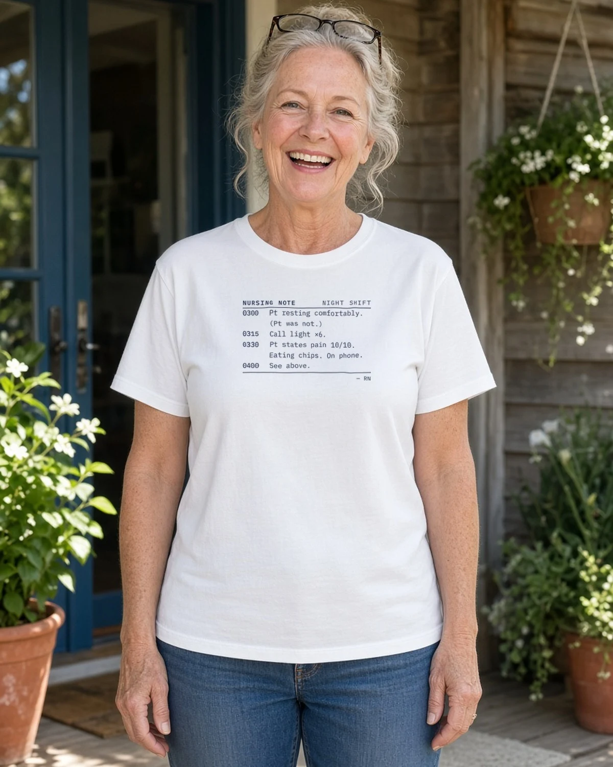 Model wearing the Funny Night Shift nurse charting note tee in White (Hanes Beefy-T)
