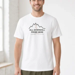 Model wearing the All Downhill From Here mountain bike tee in White (Hanes Beefy-T)