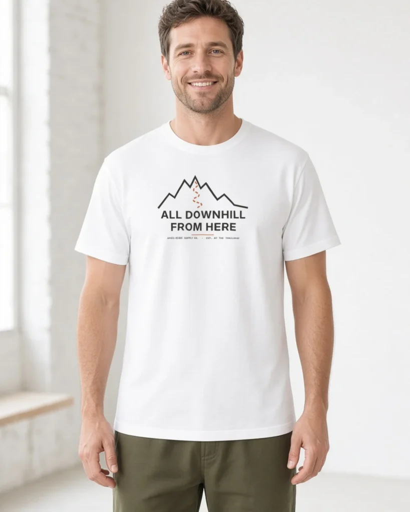 Model wearing the All Downhill From Here mountain bike tee in White (Hanes Beefy-T)