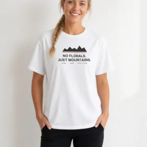 Model wearing the No Florals. Just Mountains. tee in White (Hanes Beefy-T)