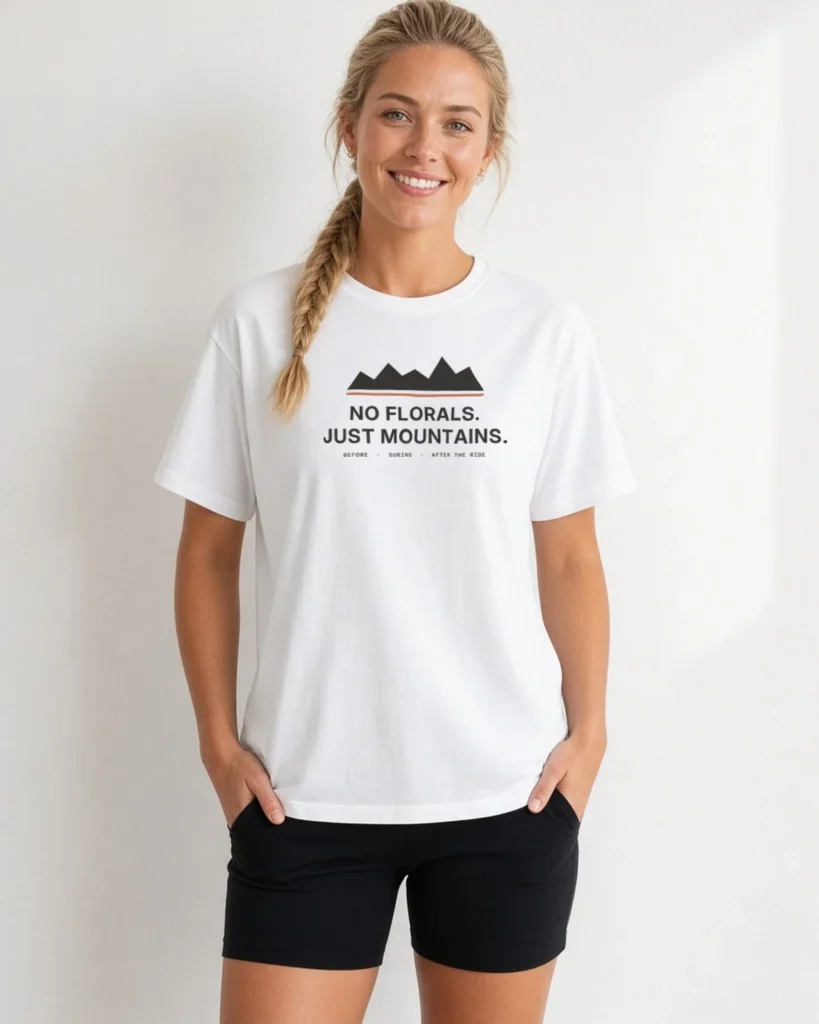 Model wearing the No Florals. Just Mountains. tee in White (Hanes Beefy-T)