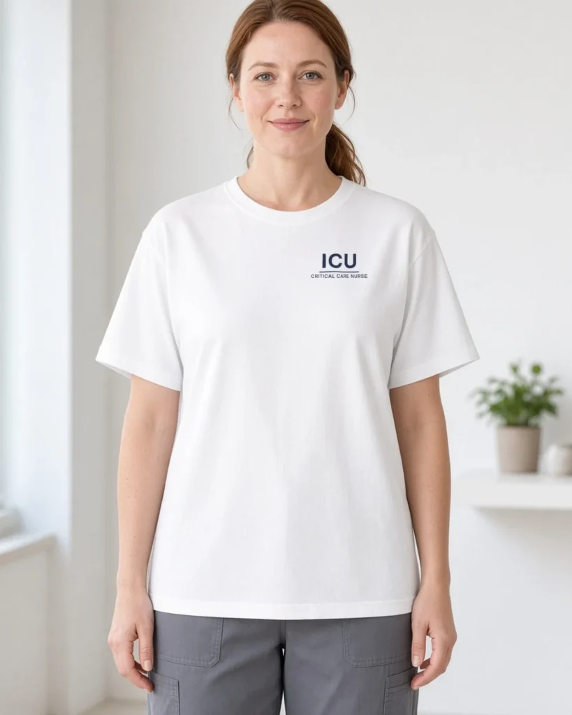 Model wearing the ICU Critical Care Nurse left-chest tee in White (Hanes Beefy-T)