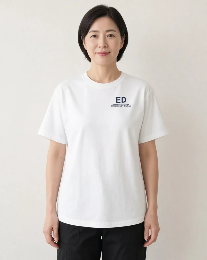 Model wearing the ED Emergency Nurse left-chest tee in White (Hanes Beefy-T)