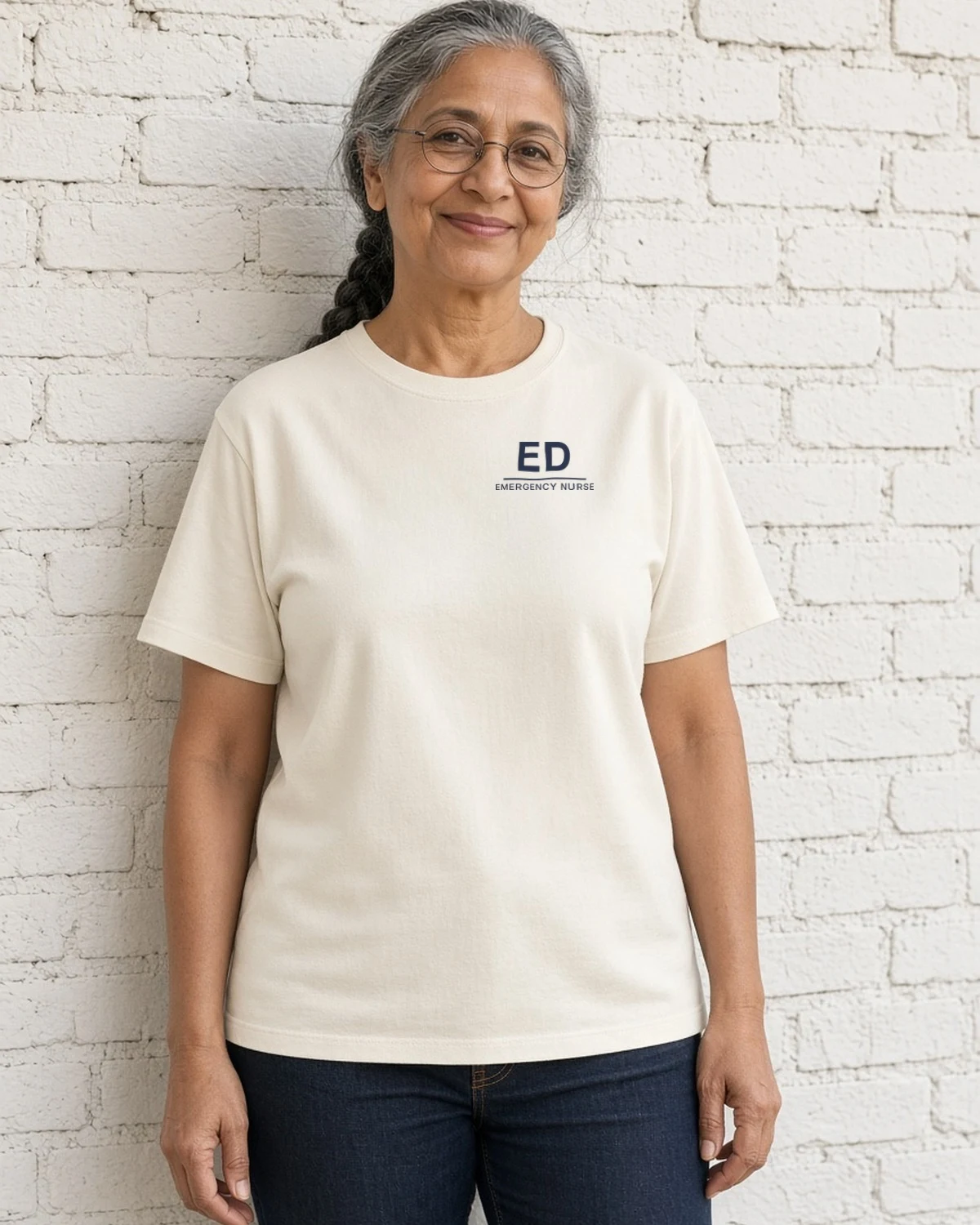 Model wearing the ED Emergency Nurse left-chest tee in Natural (Hanes Beefy-T)