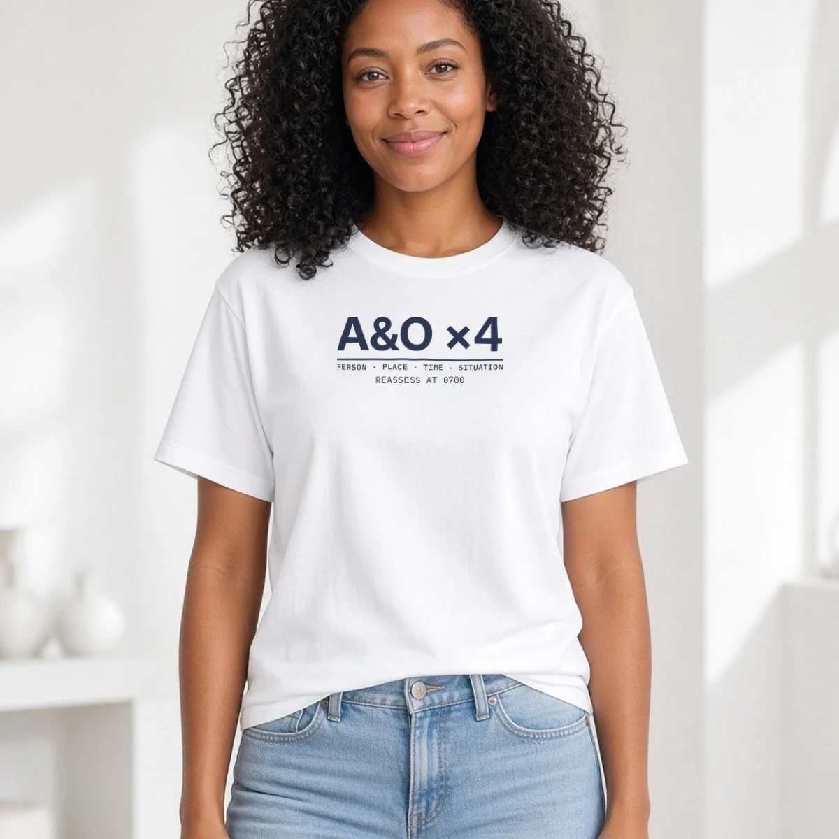 Model wearing the A&O ×4 nurse tee in White