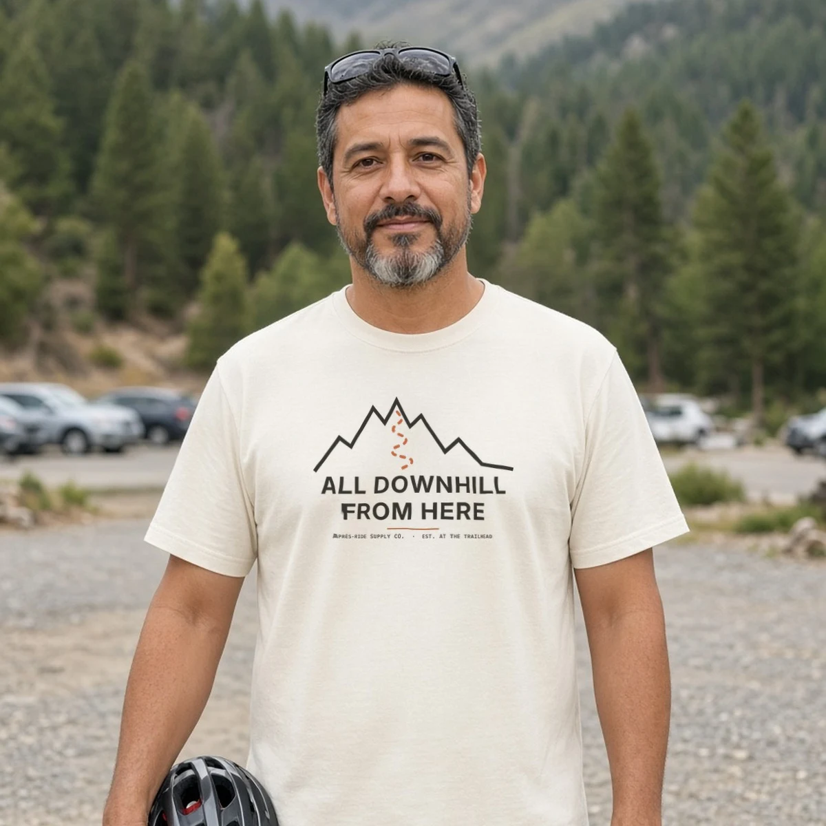 Model wearing the All Downhill From Here tee in Natural