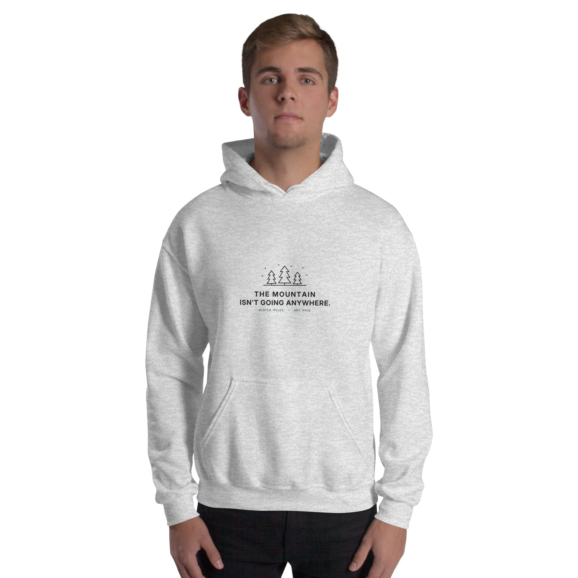 Ash The Mountain Isn't Going Anywhere hoodie, front on model