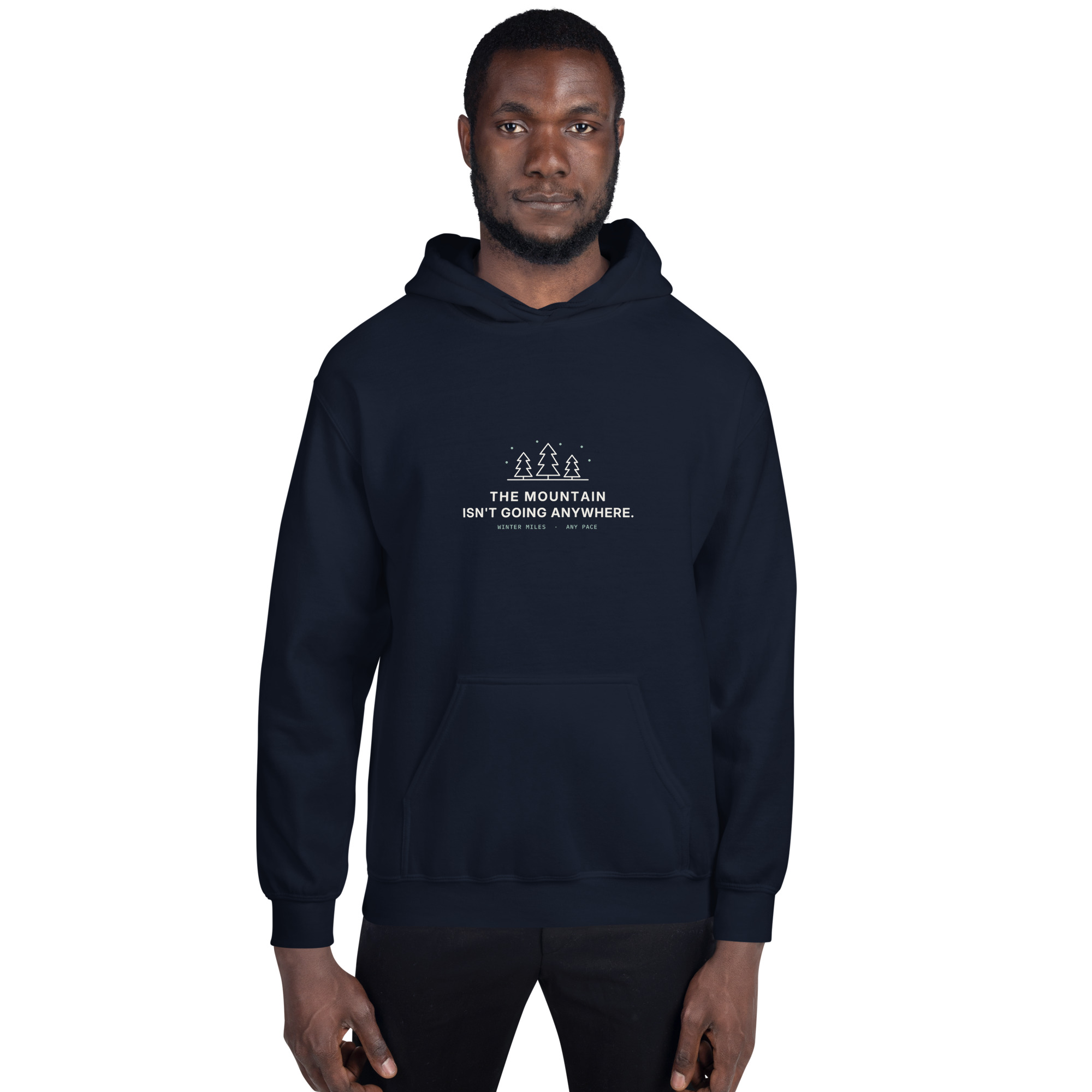 Navy The Mountain Isn't Going Anywhere hoodie, on model