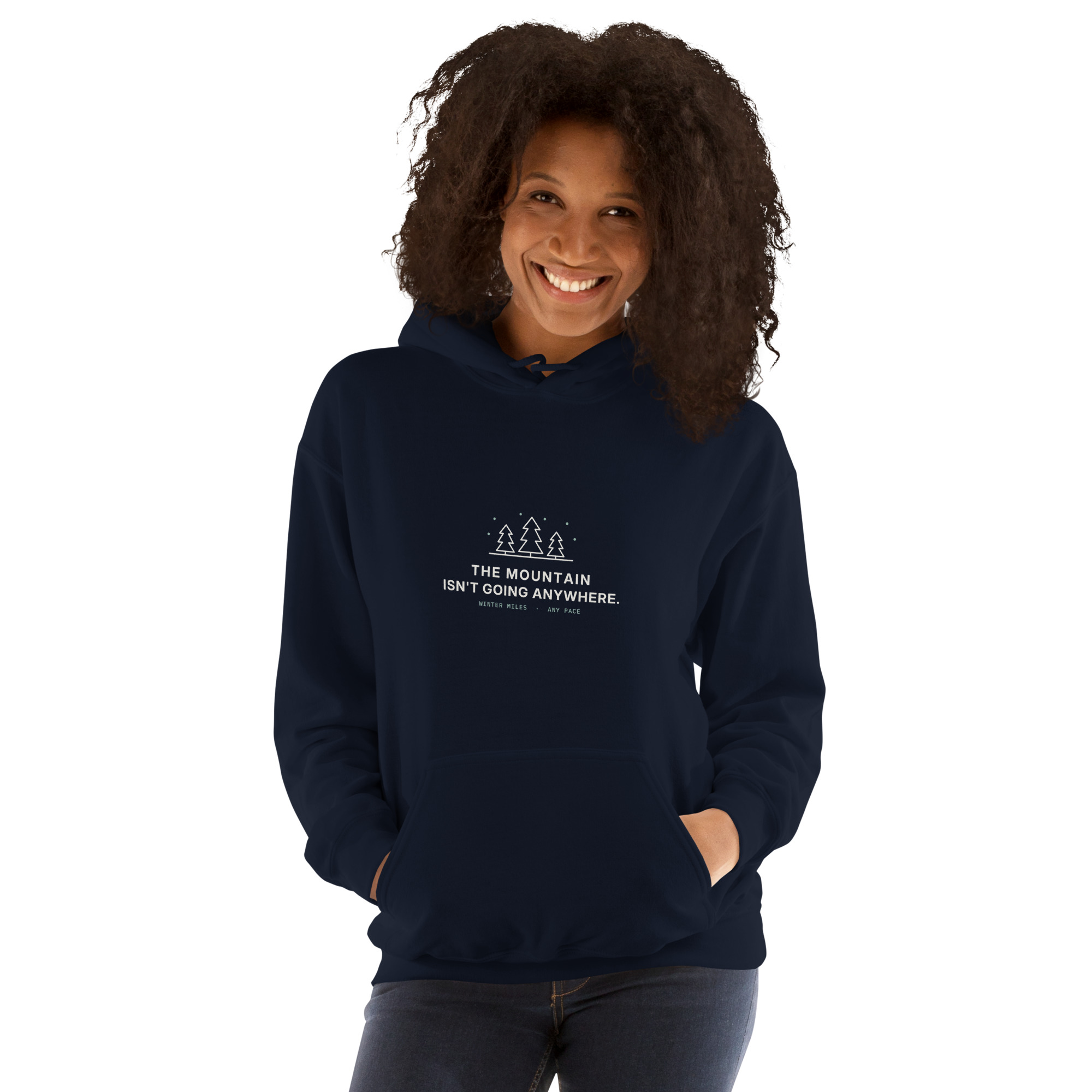 Navy The Mountain Isn't Going Anywhere hoodie, on model