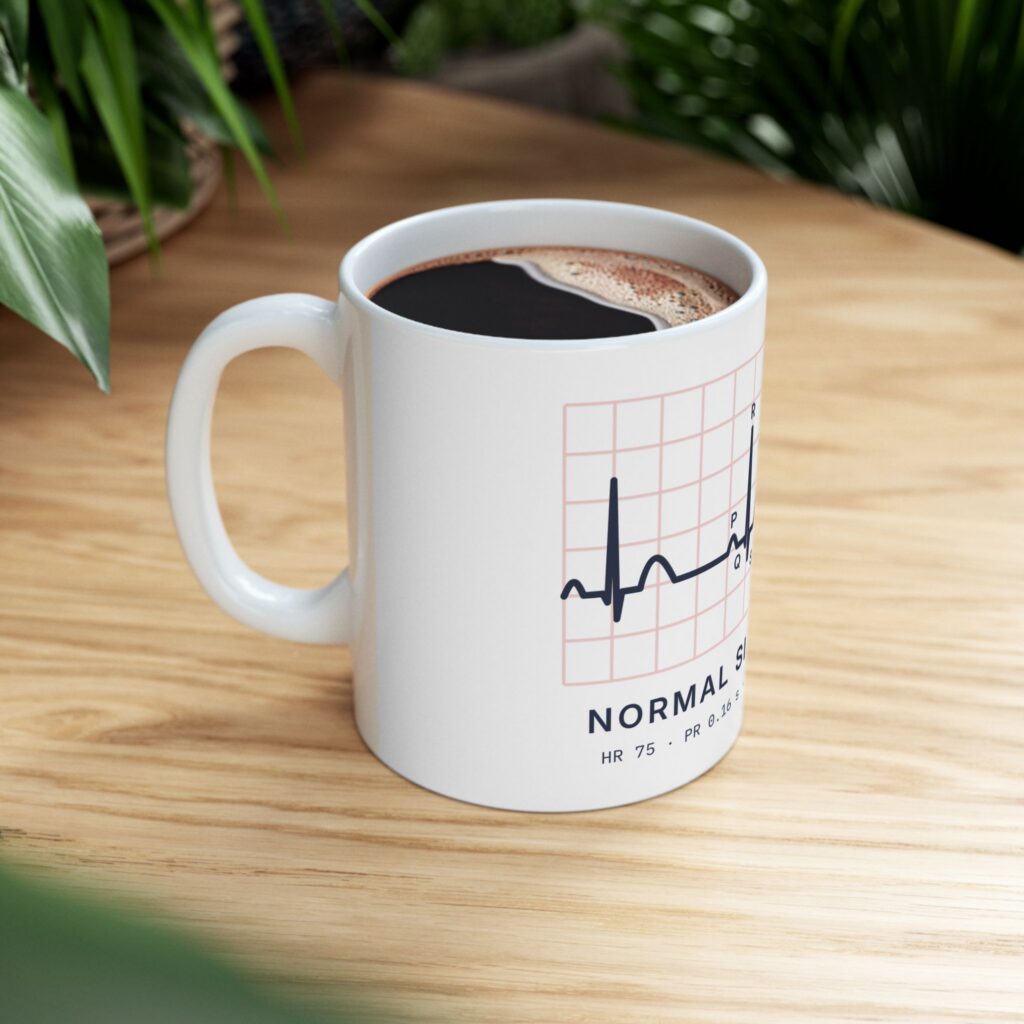ECG nurse mug 11oz, white, normal sinus rhythm strip, context 5 view