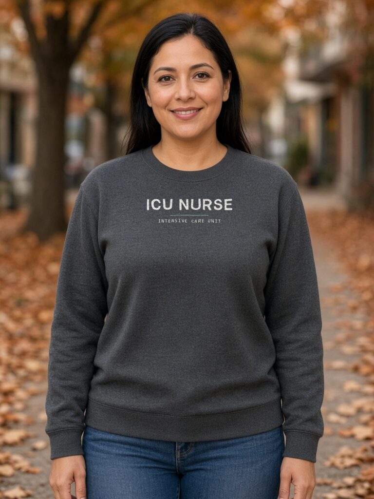Woman wearing a charcoal ICU Nurse crewneck sweatshirt with the design centred on the chest