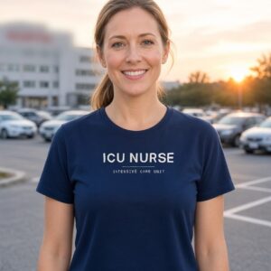 Woman wearing a navy ICU Nurse tee with the design centred on the chest