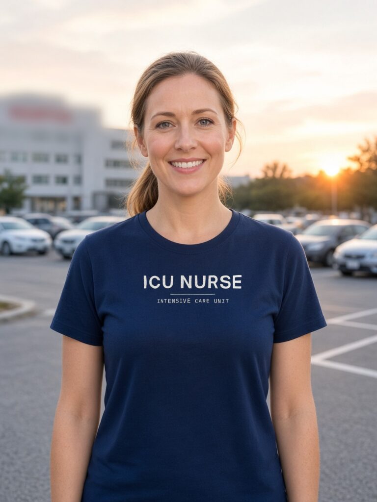 Woman wearing a navy ICU Nurse tee with the design centred on the chest