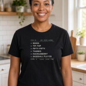 Woman wearing a black NIHSS word-list tee with the design centred on the chest