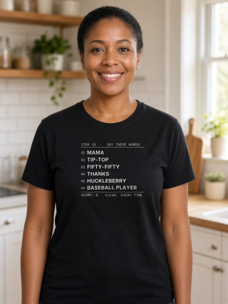 Woman wearing a black NIHSS word-list tee with the design centred on the chest