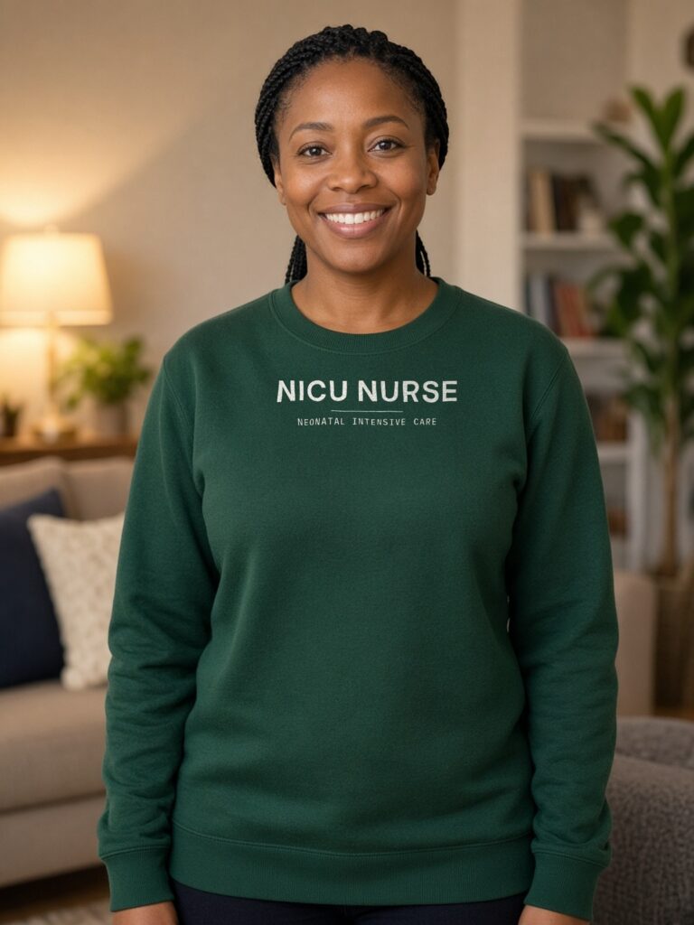 Woman wearing a forest green NICU Nurse crewneck sweatshirt with the design centred on the chest