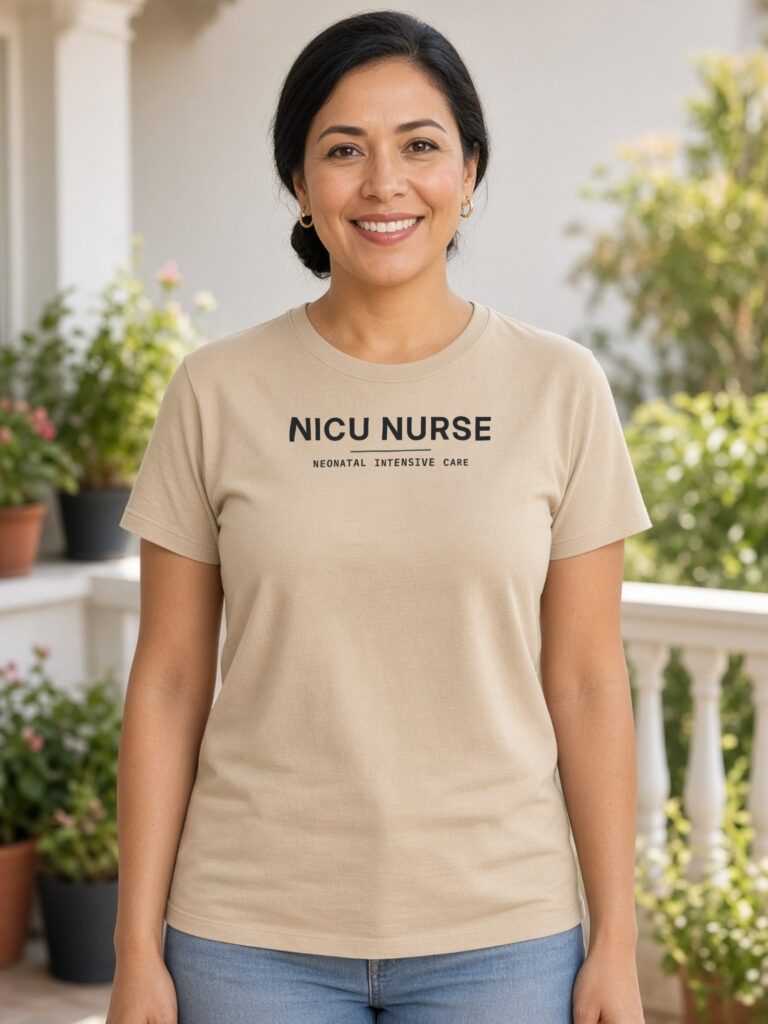 Woman wearing a sand NICU Nurse tee with the design centred on the chest