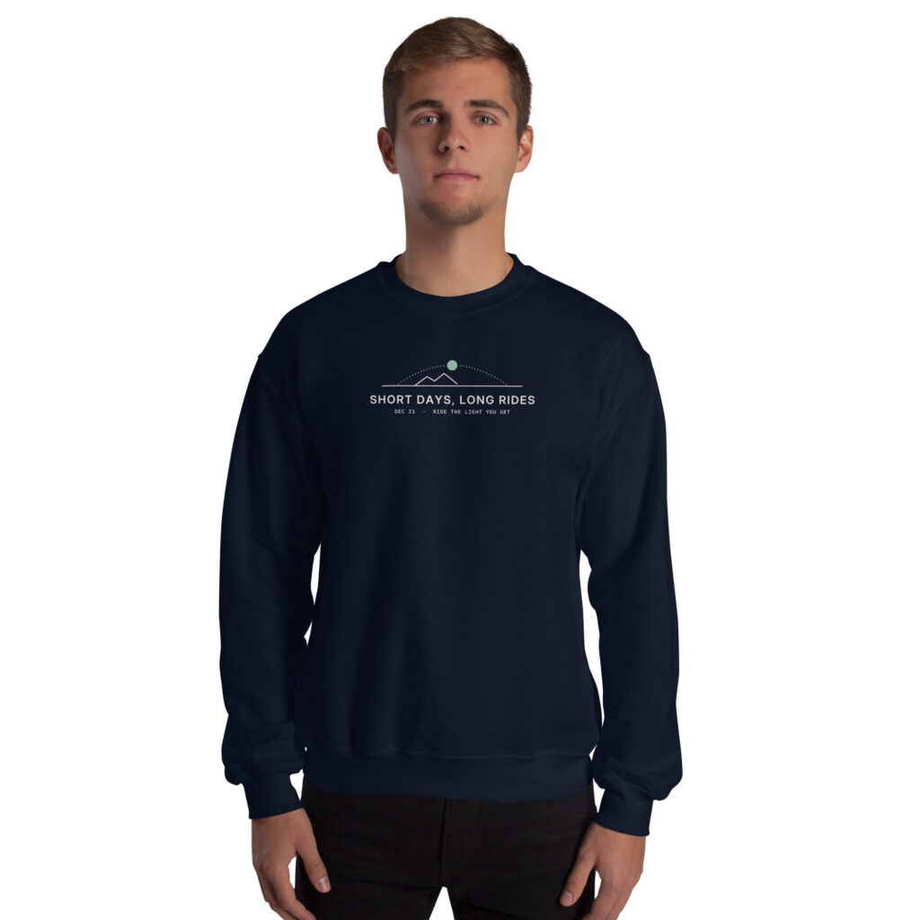 Navy Short Days, Long Rides sweatshirt, front on model