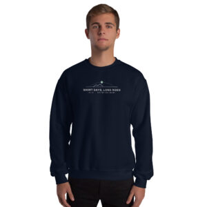Navy Short Days, Long Rides sweatshirt, front on model