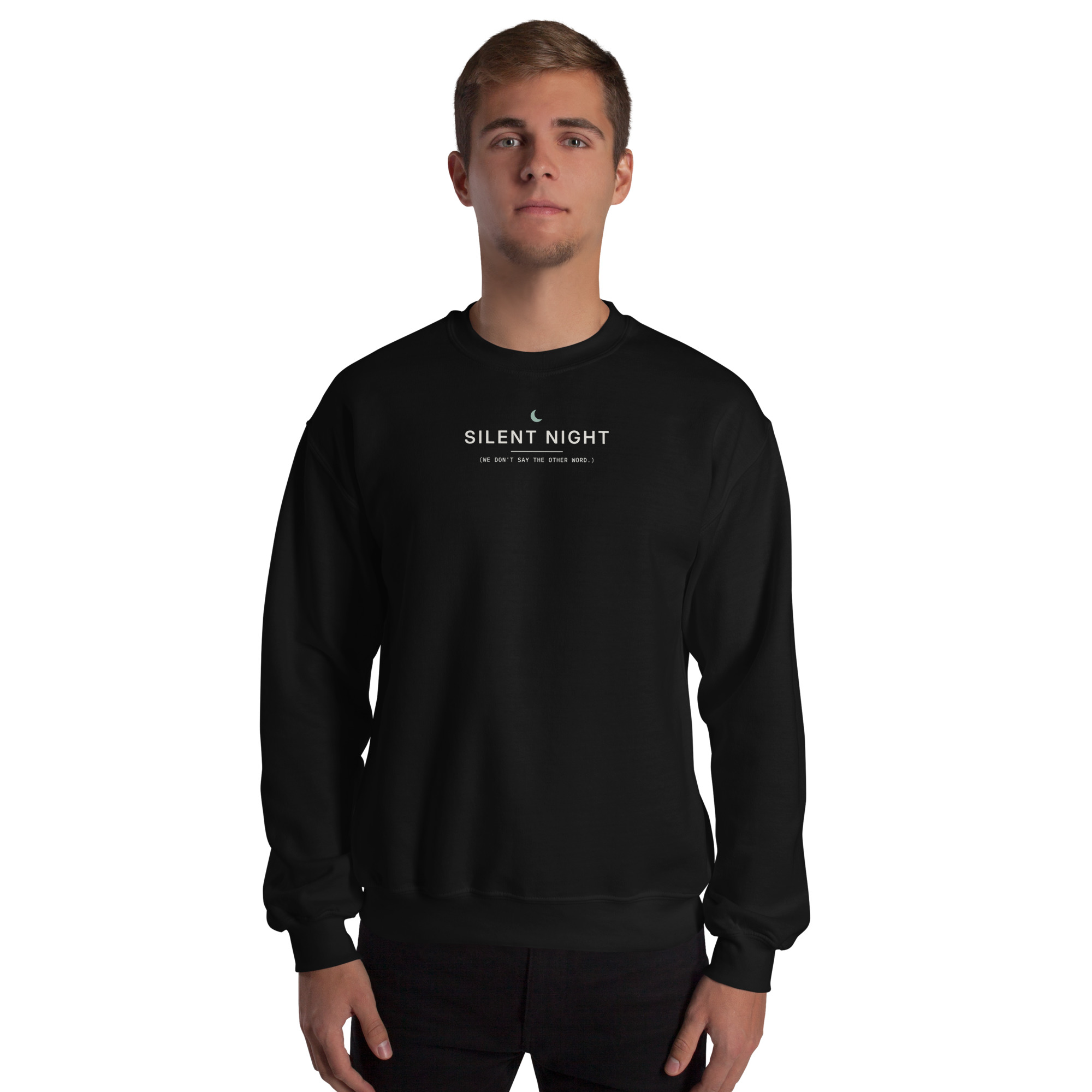 Black Silent Night sweatshirt, front on model