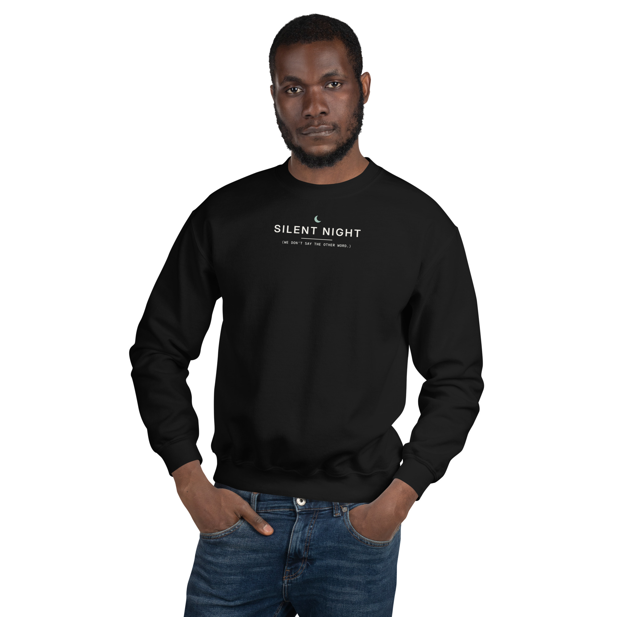 Black Silent Night sweatshirt, on model