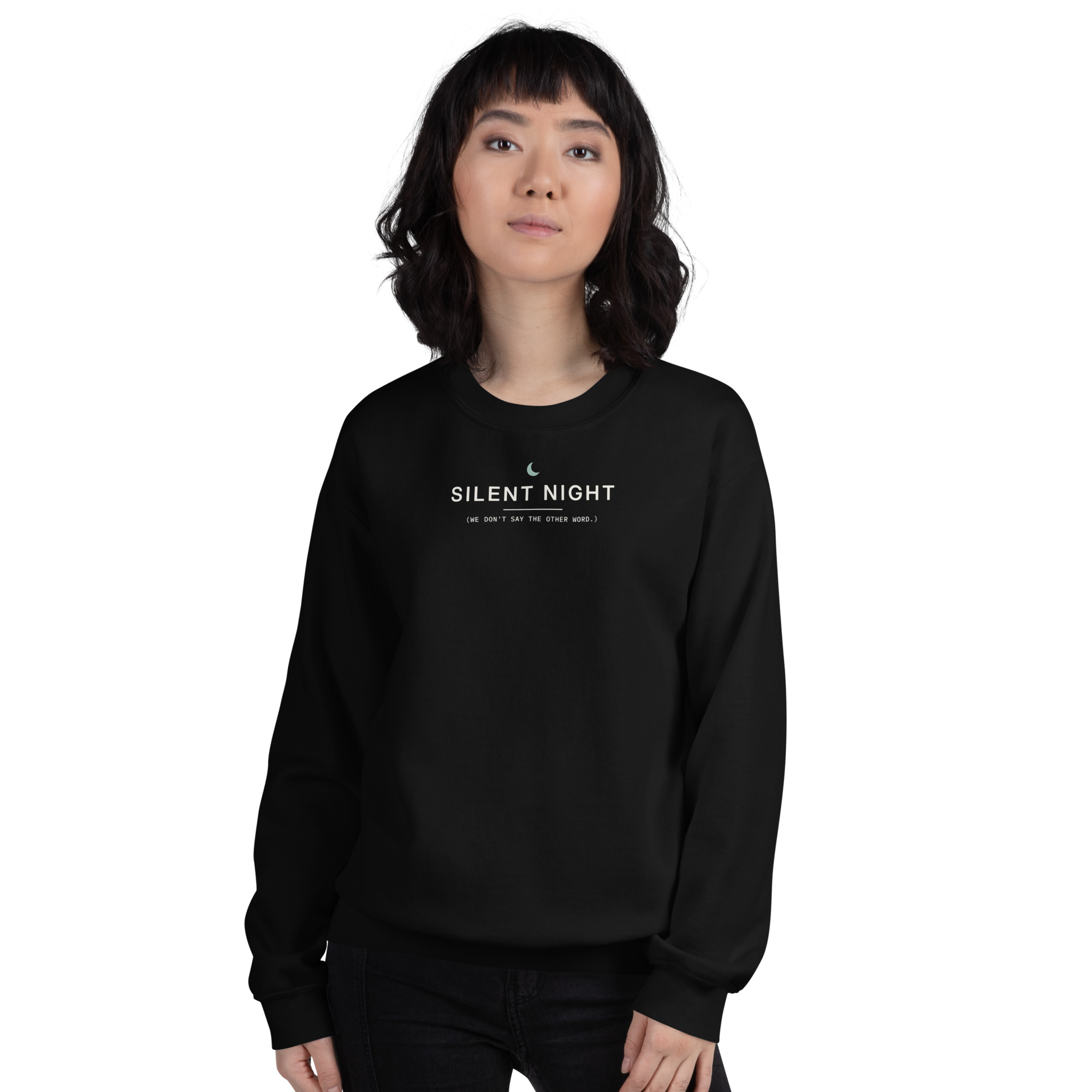 Black Silent Night sweatshirt, on model